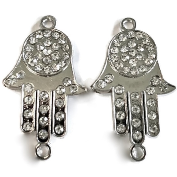 As Low As $2 Silvertone Fatima Hamsa Hand Rhinestone Crystal Charm Connector - Picture 1 of 2